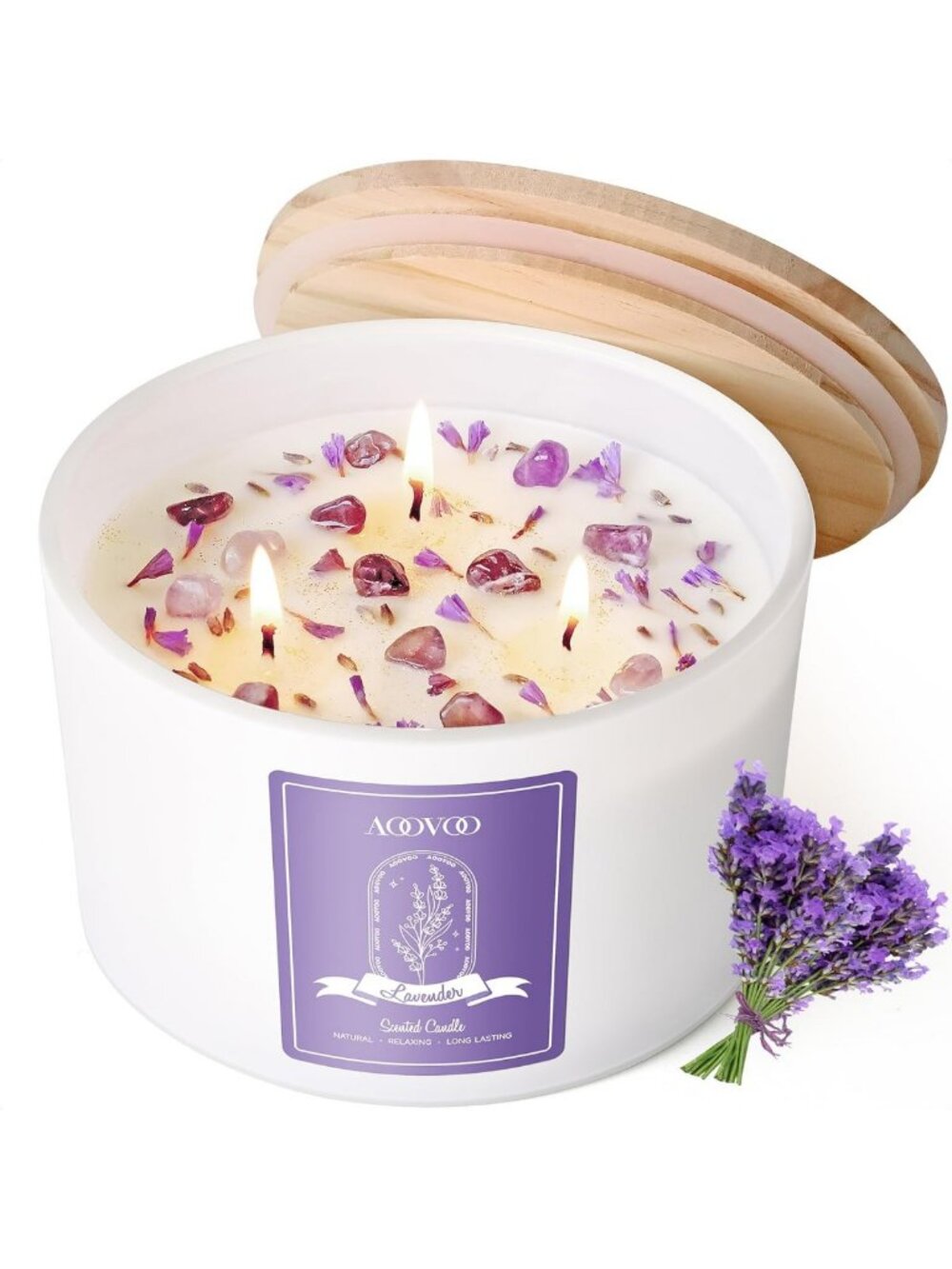 Lavender Aromatherapy Candle - 20oz Soy Wax, 3 Wick with Crystals, Perfect Gift